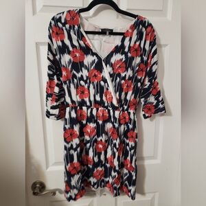 Trina Turk Red White Navy Floral 3/4 Sleeve Dress, M